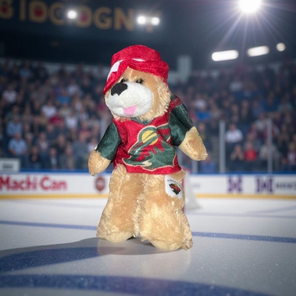 NWT NHL MN Wild Hockey Bear Jersey & Bucket Wild Hat Stuffed Bear 6” P18